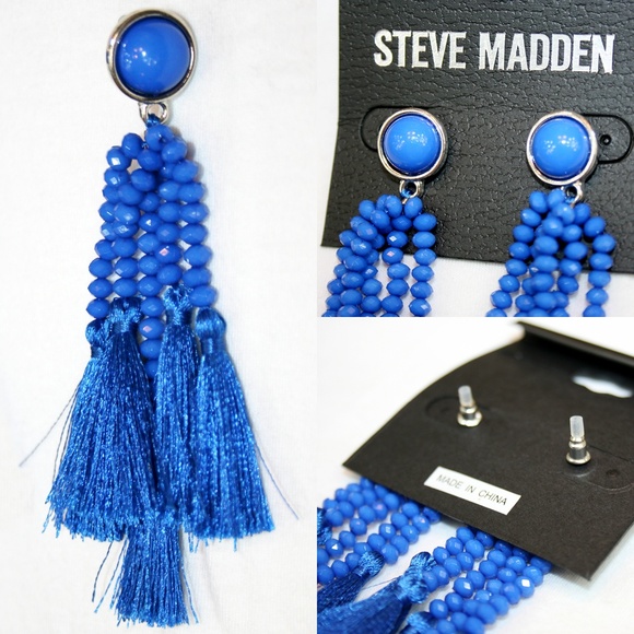 Blue Stone & Beaded Tassel Drop Earrings NWT - Picture 2 of 5